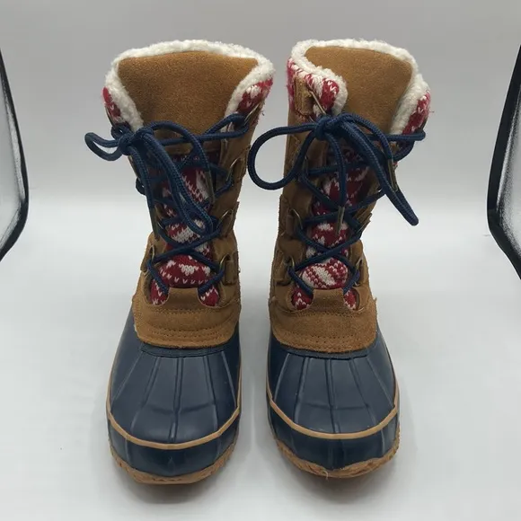 Khombu Vail Duck Boots Brown Suede Sherpa Lined Red White Knit Snowflake…