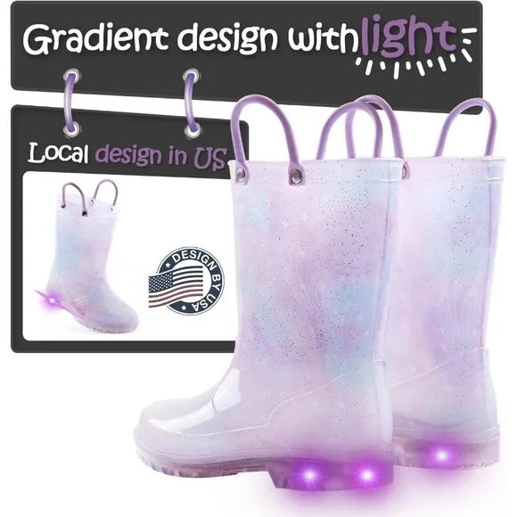 Kids Rain Boot Giral Purple Polyvinyl Chloride Waterproof Light up dual handles