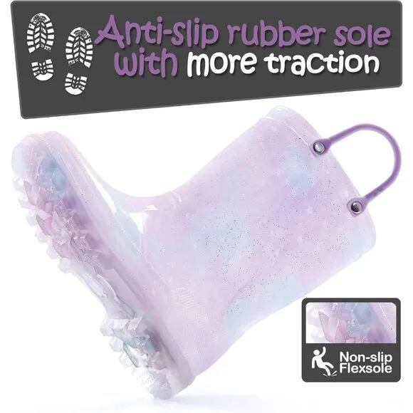 Kids Rain Boot Giral Purple Polyvinyl Chloride Waterproof Light up dual handles