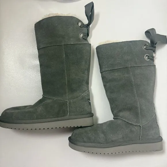 KoolaBurra by UGG Gray Suede Fur Lined Ribbon Lace Up Boots Size 6