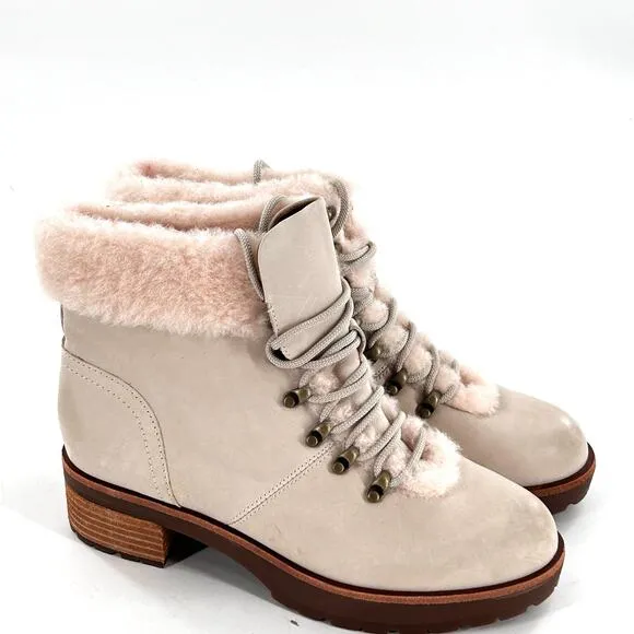 Kork Ease Winslet Ankle Boots 8.5 White NWOT Leather Fur Combat Lace Booties