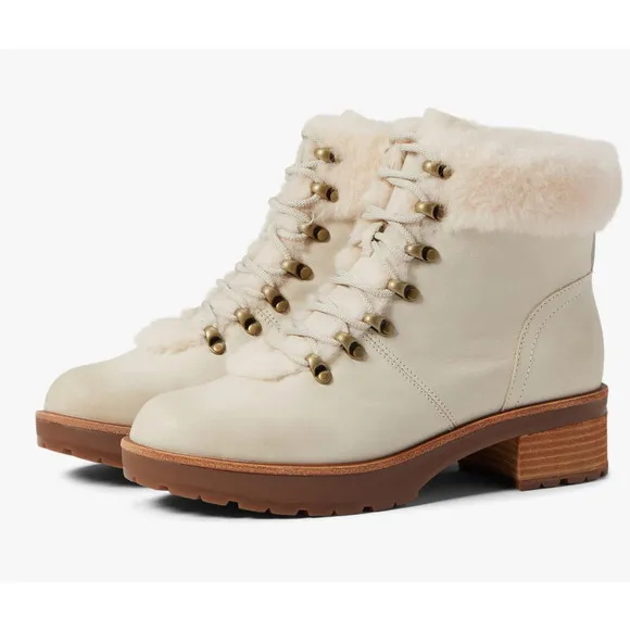 Kork Ease Winslet Ankle Boots 8.5 White NWOT Leather Fur Combat Lace Booties