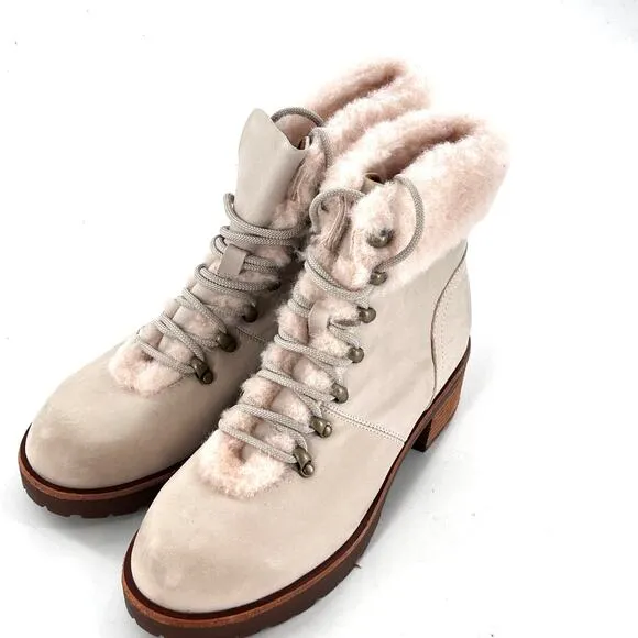 Kork Ease Winslet Ankle Boots 8.5 White NWOT Leather Fur Combat Lace Booties