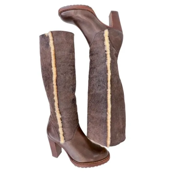 KORS Michael Kors Women’s Brown Leather Tall High Heel Sherpa Lined Boots