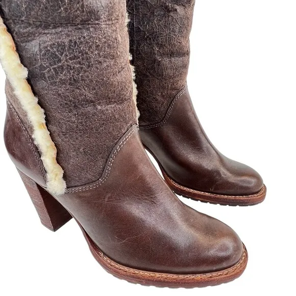 KORS Michael Kors Women’s Brown Leather Tall High Heel Sherpa Lined Boots