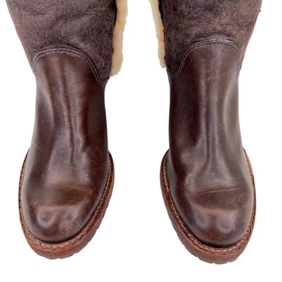 KORS Michael Kors Women’s Brown Leather Tall High Heel Sherpa Lined Boots