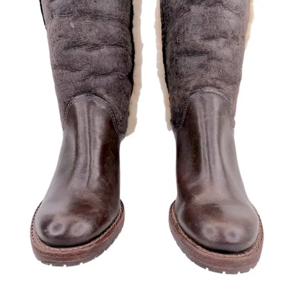 KORS Michael Kors Women’s Brown Leather Tall High Heel Sherpa Lined Boots