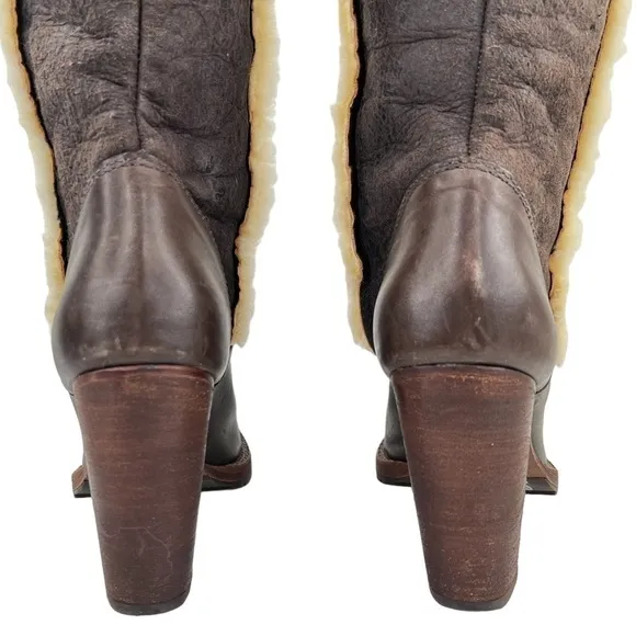 KORS Michael Kors Women’s Brown Leather Tall High Heel Sherpa Lined Boots