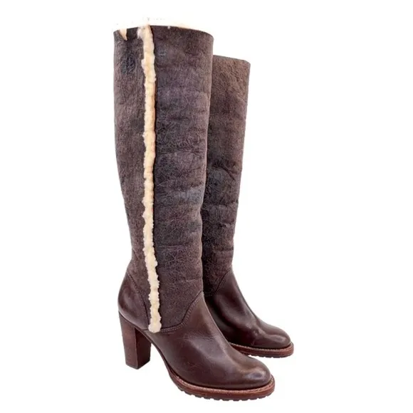 KORS Michael Kors Women’s Brown Leather Tall High Heel Sherpa Lined Boots