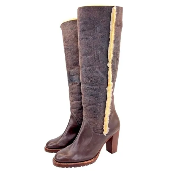 KORS Michael Kors Women’s Brown Leather Tall High Heel Sherpa Lined Boots