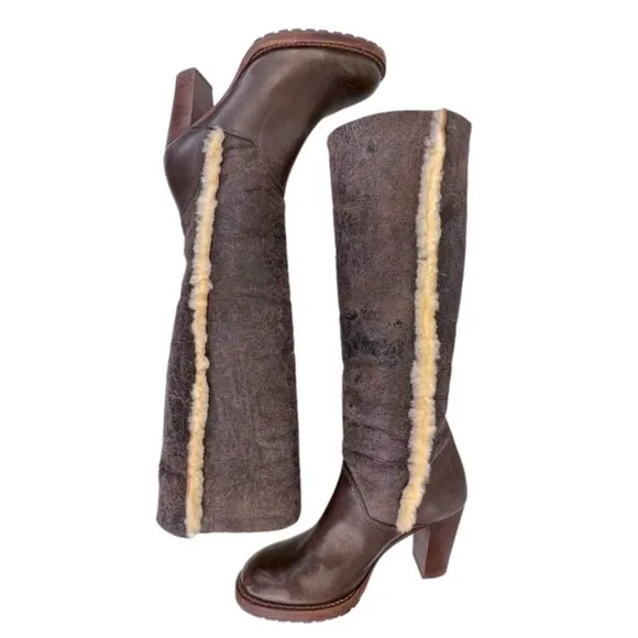 KORS Michael Kors Women’s Brown Leather Tall High Heel Sherpa Lined Boots