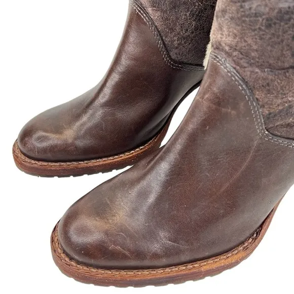 KORS Michael Kors Women’s Brown Leather Tall High Heel Sherpa Lined Boots