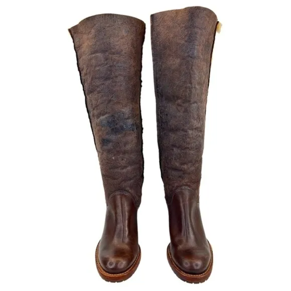 KORS Michael Kors Women’s Brown Leather Tall High Heel Sherpa Lined Boots