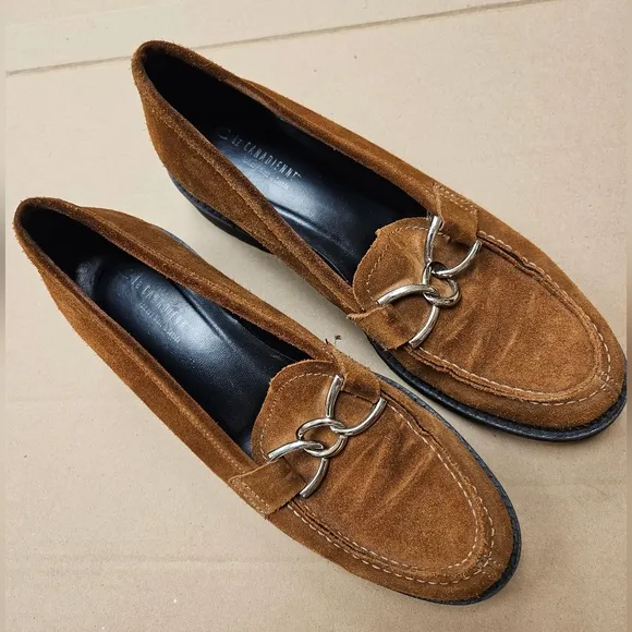 La Canadienne 10 Tan Brown Suede Leather Horsebit Chain Loafers