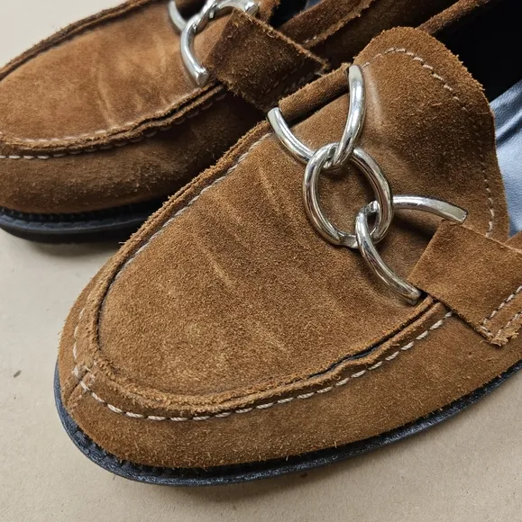 La Canadienne 10 Tan Brown Suede Leather Horsebit Chain Loafers