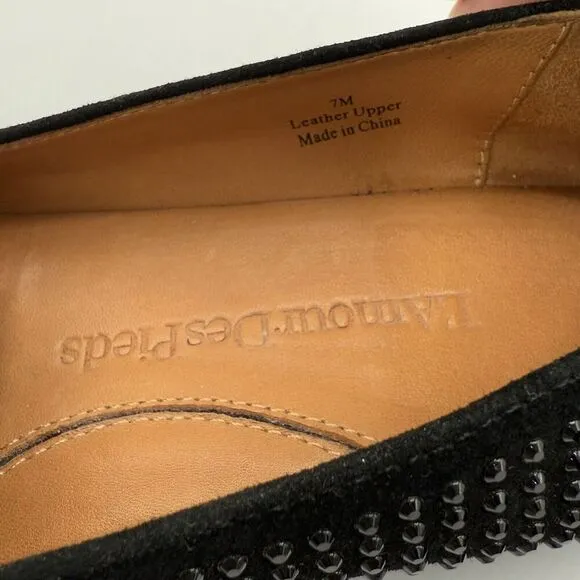 L'Amour Des Pieds Correze Black Kidsuede Rhinestone Smoking Slipper Loafers 7