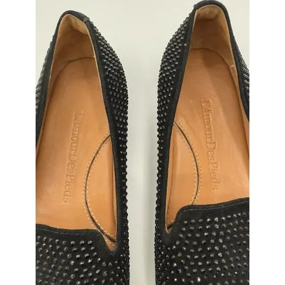 L'Amour Des Pieds Correze Black Kidsuede Rhinestone Smoking Slipper Loafers 7