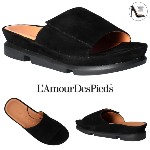 L'Amour Des Pieds Vester Black Suede Slide Mule Sandal Comfortable Flat Shoe 9.5