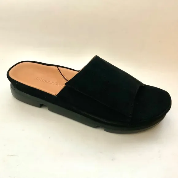 L'Amour Des Pieds Vester Black Suede Slide Mule Sandal Comfortable Flat Shoe 9.5