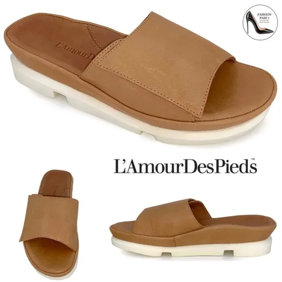 L'Amour Des Pieds Vester Tan Leather Slide Mule Sandal Comfortable Flat Shoe 9