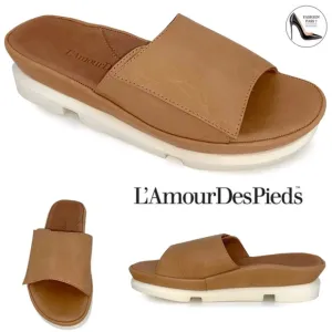 L'Amour Des Pieds Vester Tan Leather Slide Mule Sandal Comfortable Flat Shoe 9