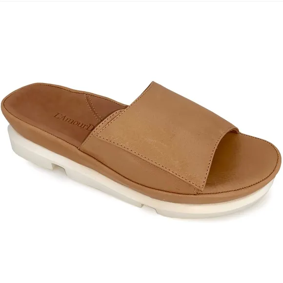 L'Amour Des Pieds Vester Tan Leather Slide Mule Sandal Comfortable Flat Shoe 9