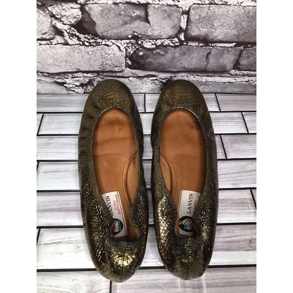Lanvin Paris Gold Metallic Leather Snake Skin Print Ballet Flats Women Sz 39EU/8