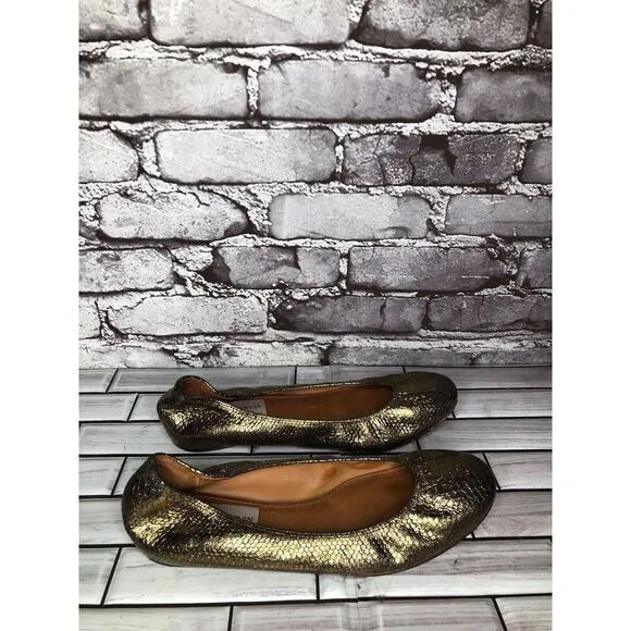 Lanvin Paris Gold Metallic Leather Snake Skin Print Ballet Flats Women Sz 39EU/8