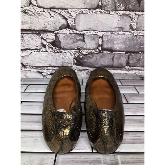 Lanvin Paris Gold Metallic Leather Snake Skin Print Ballet Flats Women Sz 39EU/8