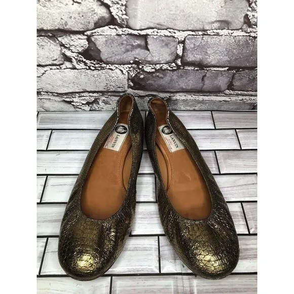 Lanvin Paris Gold Metallic Leather Snake Skin Print Ballet Flats Women Sz 39EU/8