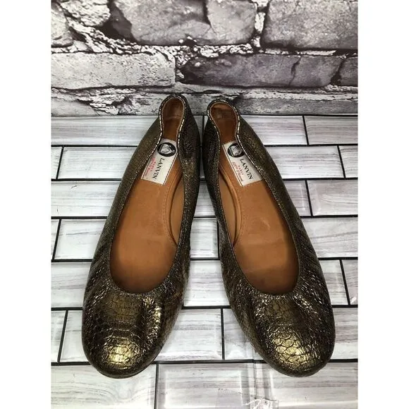 Lanvin Paris Gold Metallic Leather Snake Skin Print Ballet Flats Women Sz 39EU/8