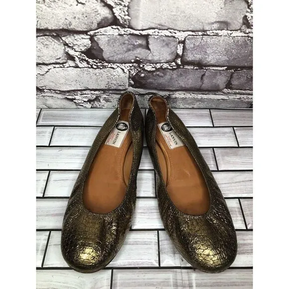 Lanvin Paris Gold Metallic Leather Snake Skin Print Ballet Flats Women Sz 39EU/8