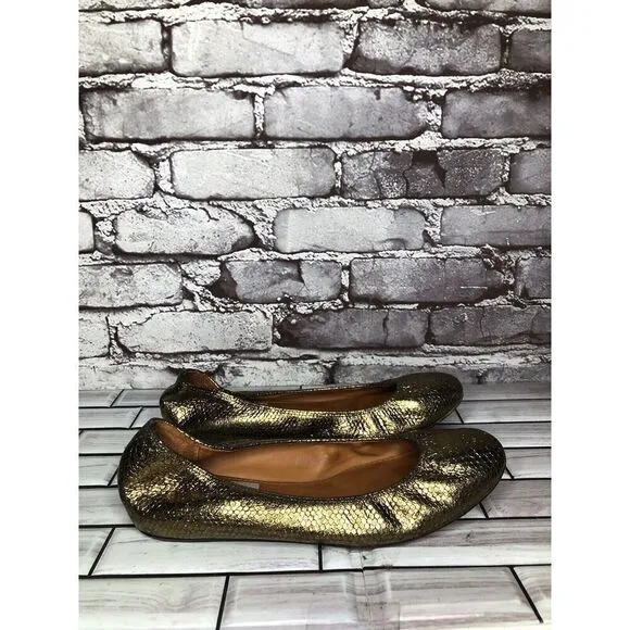 Lanvin Paris Gold Metallic Leather Snake Skin Print Ballet Flats Women Sz 39EU/8