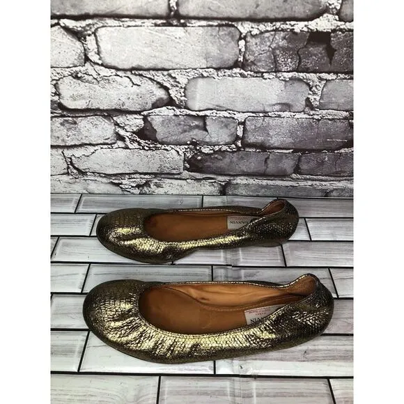 Lanvin Paris Gold Metallic Leather Snake Skin Print Ballet Flats Women Sz 39EU/8