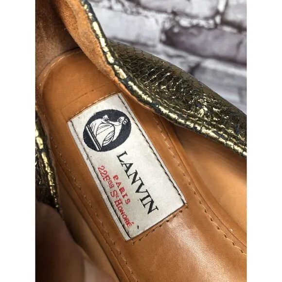 Lanvin Paris Gold Metallic Leather Snake Skin Print Ballet Flats Women Sz 39EU/8