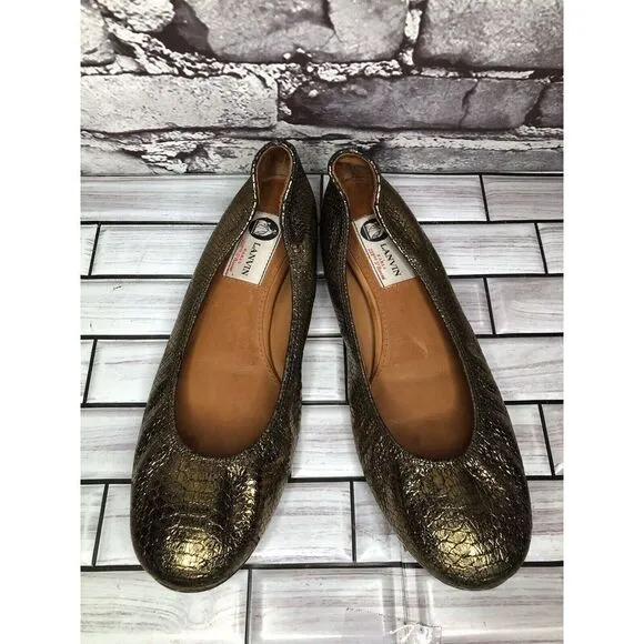 Lanvin Paris Gold Metallic Leather Snake Skin Print Ballet Flats Women Sz 39EU/8
