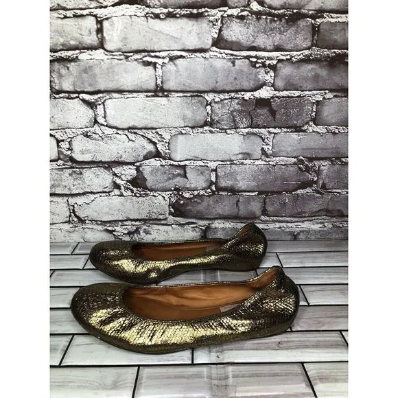Lanvin Paris Gold Metallic Leather Snake Skin Print Ballet Flats Women Sz 39EU/8