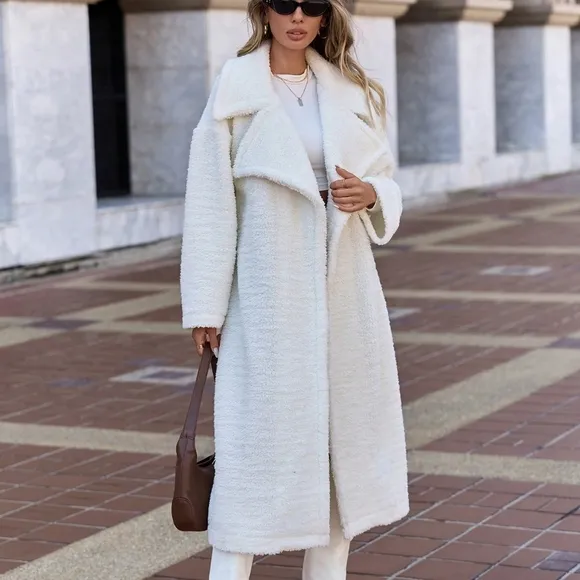 Lapel Neck Drop Shoulder Teddy Coat,Ladies Late Fall Casual Drop Shoulder