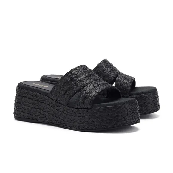 Larroude Ash Braided Raffia Espadrille Flatform Slide Sandals in Black, Size 6.5
