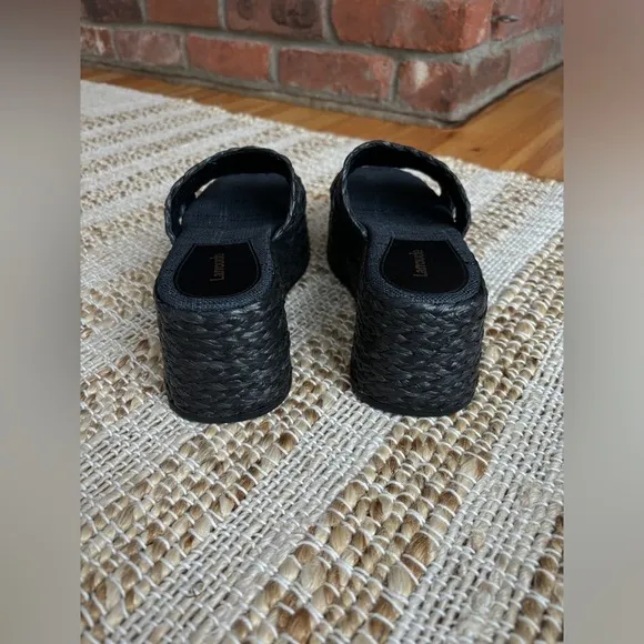 Larroude Ash Braided Raffia Espadrille Flatform Slide Sandals in Black, Size 6.5