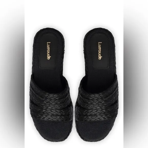 Larroude Ash Braided Raffia Espadrille Flatform Slide Sandals in Black, Size 6.5