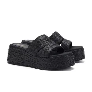 Larroude Ash Braided Raffia Espadrille Flatform Slide Sandals in Black, Size 6.5