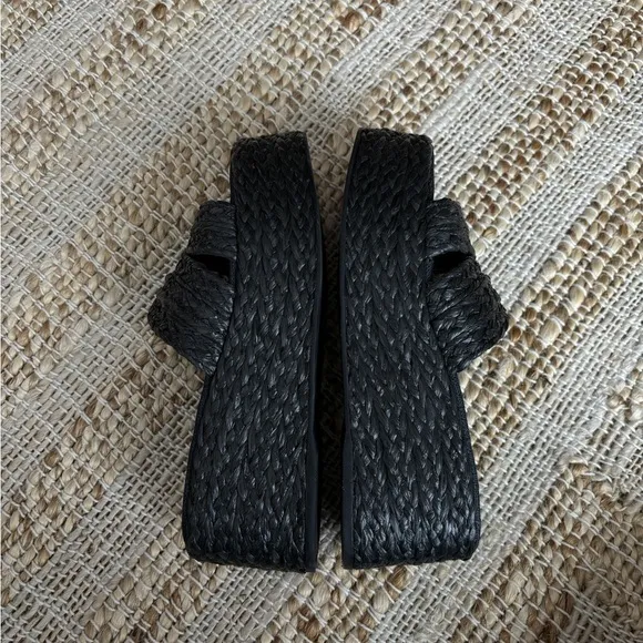Larroude Ash Braided Raffia Espadrille Flatform Slide Sandals in Black, Size 6.5