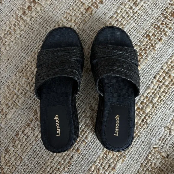 Larroude Ash Braided Raffia Espadrille Flatform Slide Sandals in Black, Size 6.5