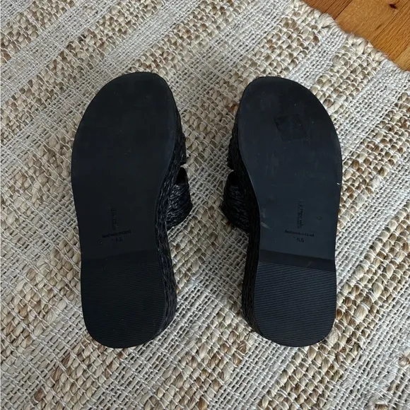 Larroude Ash Braided Raffia Espadrille Flatform Slide Sandals in Black, Size 6.5