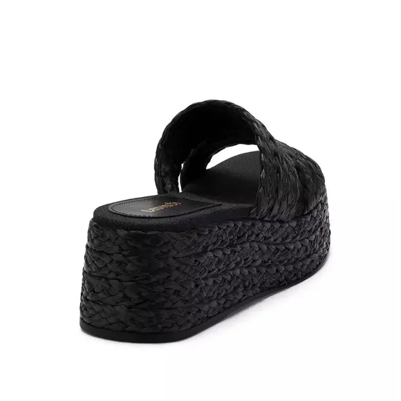 Larroude Ash Braided Raffia Espadrille Flatform Slide Sandals in Black, Size 6.5