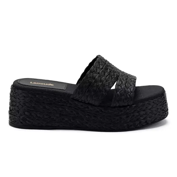 Larroude Ash Braided Raffia Espadrille Flatform Slide Sandals in Black, Size 6.5