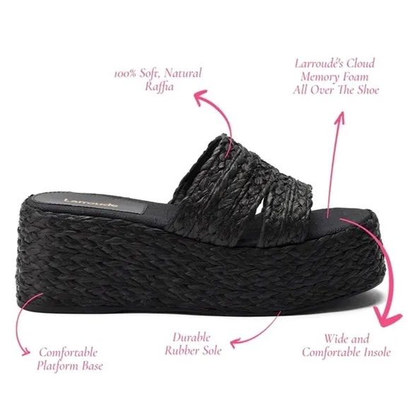 Larroude Ash Braided Raffia Espadrille Flatform Slide Sandals in Black, Size 6.5