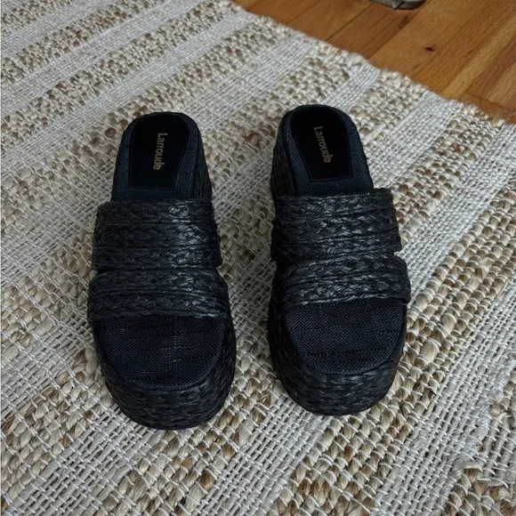 Larroude Ash Braided Raffia Espadrille Flatform Slide Sandals in Black, Size 6.5