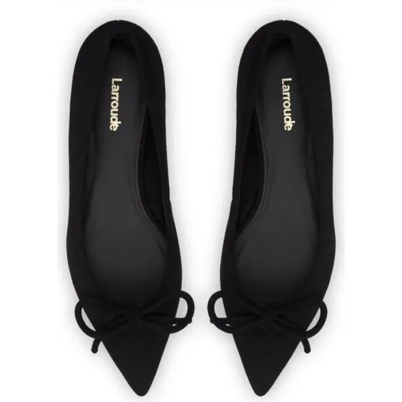 Larroude Lee Pointed Toe Bow Slip On Flats Size 6.5 Black Suede Leather NEW $275